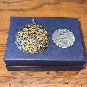 Antique Enameled BUTTON French Champleve Pierced Lacy Openwork made into PENDANT